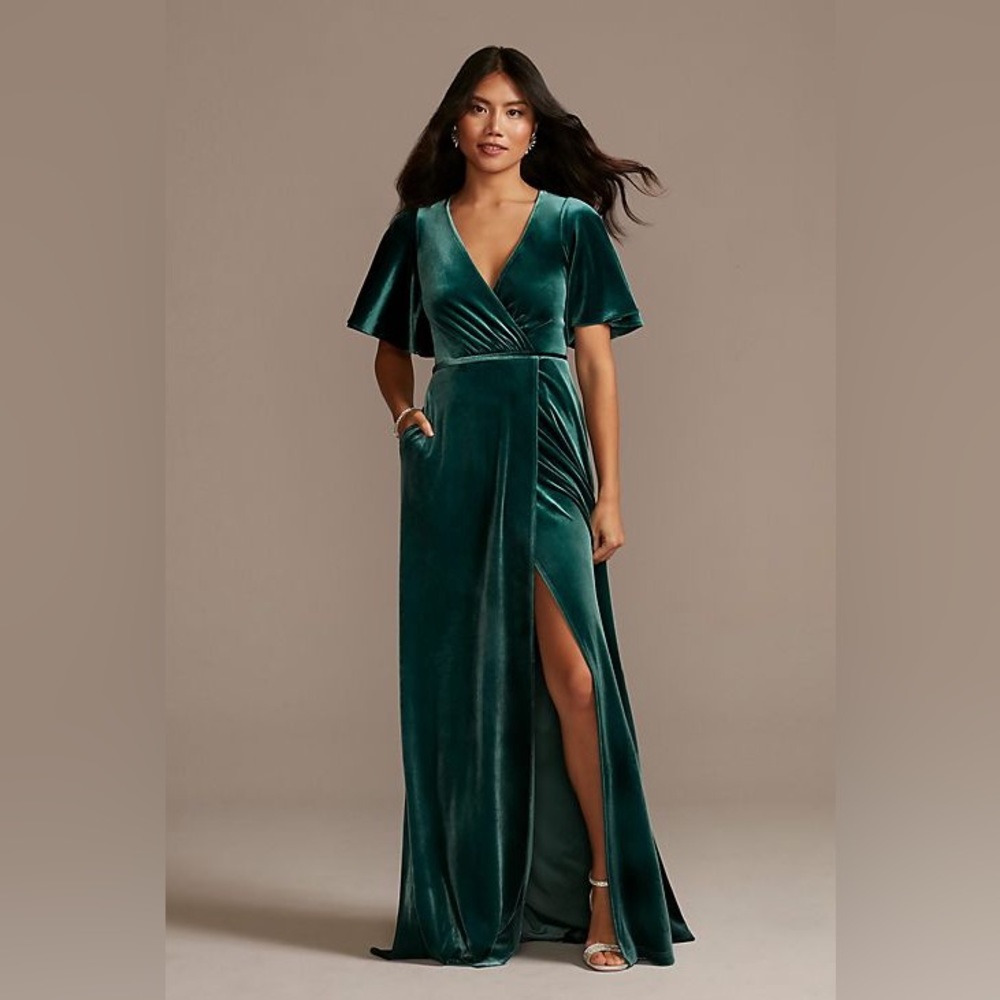 David’s Bridal - stretch velvet flutter sleeve bridesmaid dress color gem